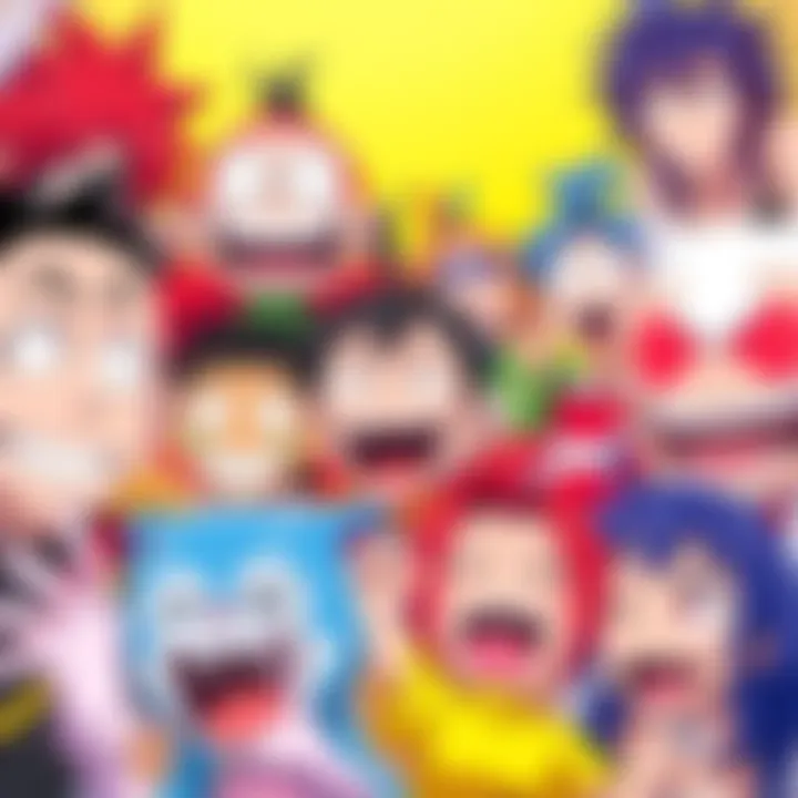 A colorful group of funny anime characters with exaggerated expressions, showcasing a variety of humorous styles in a lively scene.