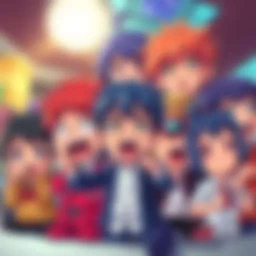 A group of cartoon characters comically misrepresenting popular anime shows with exaggerated expressions