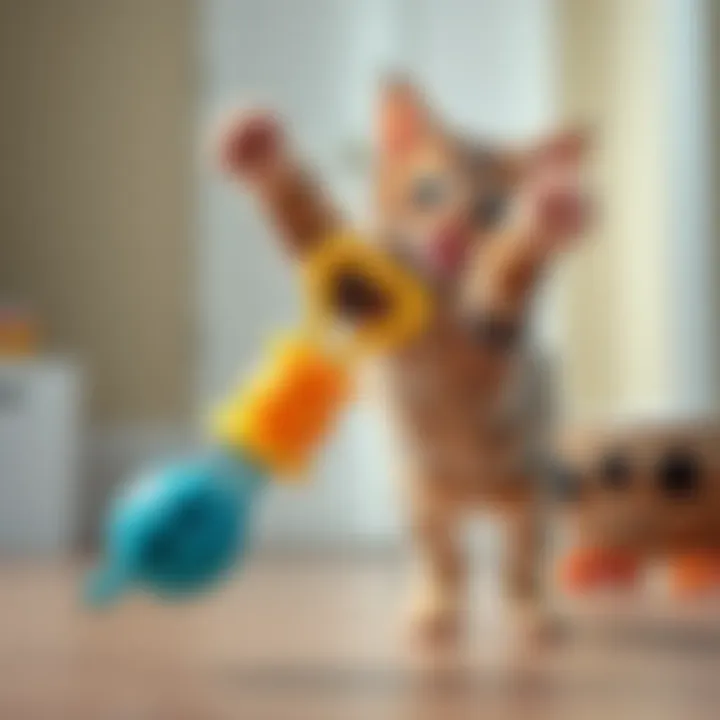 A cat humorously batting at a colorful toy while jumping around playfully