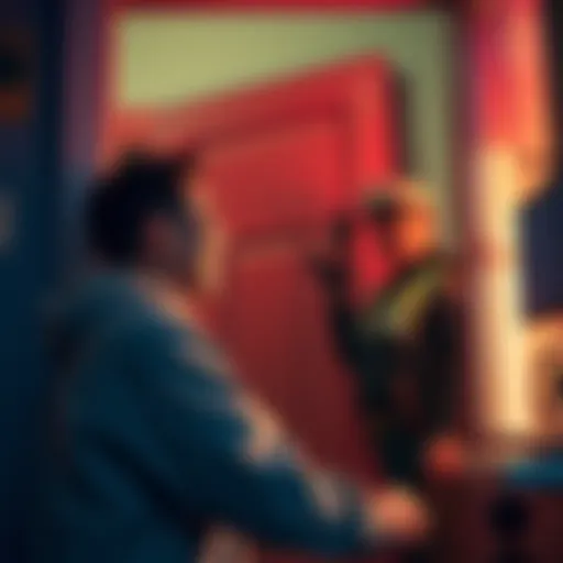 A person laughing while answering the door, joking about a fictional crime, with a police officer standing nearby