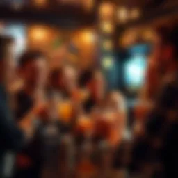Funny Drinking Moments A group of friends laughing and sharing funny stories while holding drinks at a bar, capturing the humorous side of alcohol-induced misconceptions.