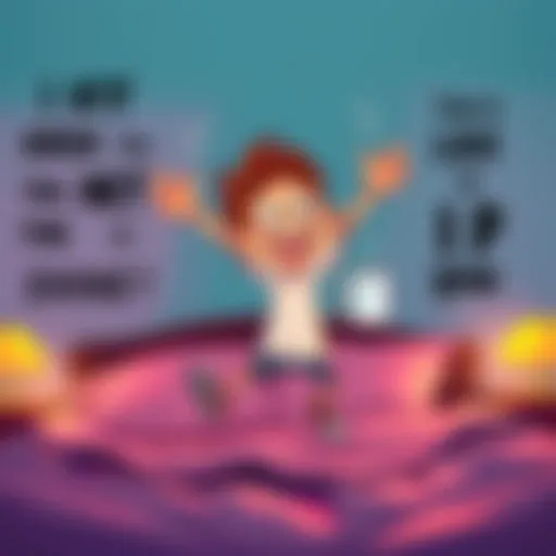 A cartoon character jumping out of bed with a big smile and coffee in hand, surrounded by motivational quotes