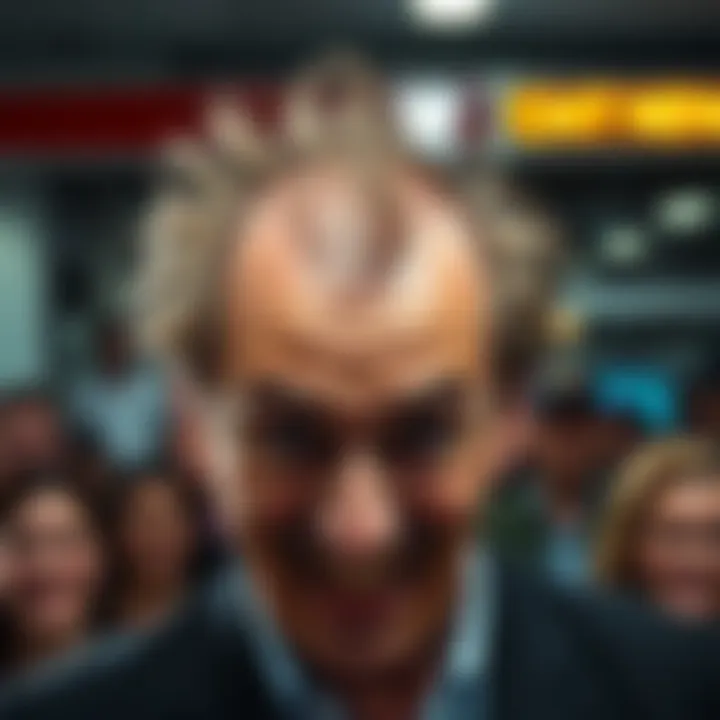 A humorous artwork showing a man's hairline dramatically changing from receding to full of hair, capturing the surprise and laughter of onlookers.