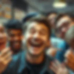 A person with a quirky expression, laughing uncontrollably, surrounded by friends who are also amused