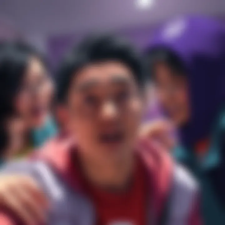 A person looks surprised and nervous as they almost confront a character named Nagumo, with friends laughing in the background.