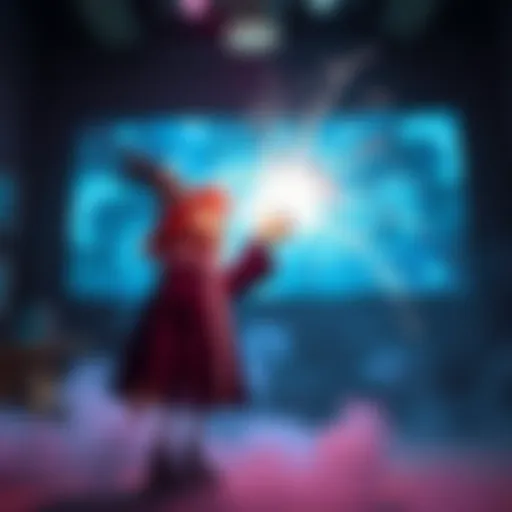 A whimsical scene showing a character using projection sorcery to create humorous illusions, causing laughter among onlookers.