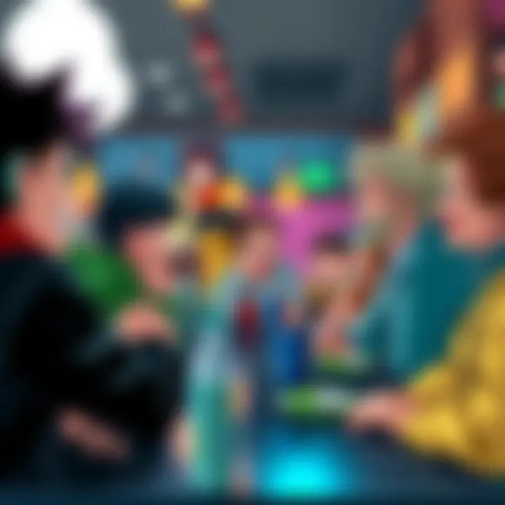 A group of people discussing humorous reasons for disliking Deku at a café, showing mixed reactions and laughter.