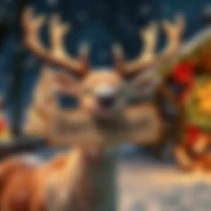 A playful reindeer with a sign that humorously misspells the name Bertholdt and a festive background of snow and Christmas decorations.