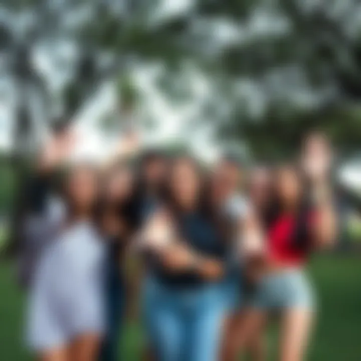 A group of friends striking humorous poses for a photo, showcasing quirky and exaggerated expressions in a park setting.