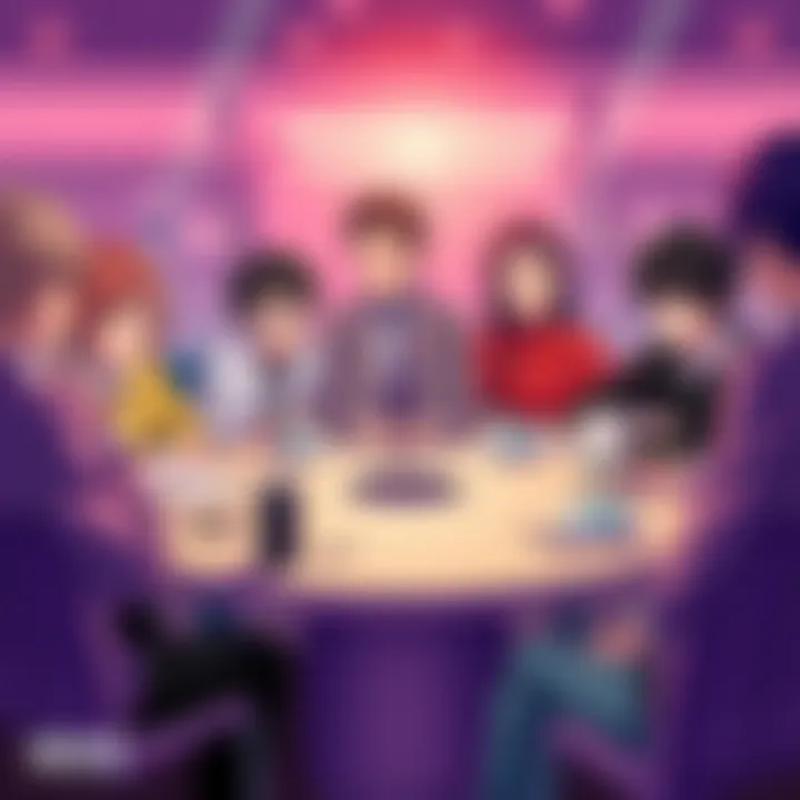 Fans discussing the character Funny Valentine at a round table, showing mixed reactions and expressions of confusion and disagreement.