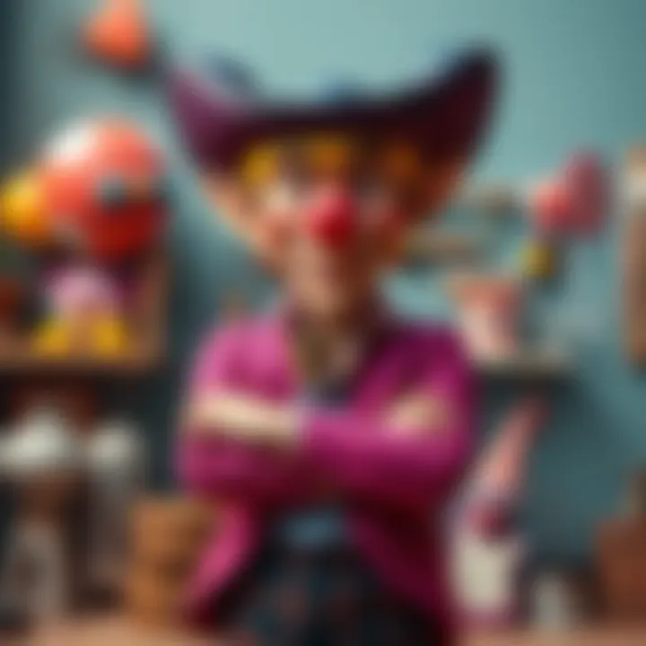 A humorous villain with a big smile dressed in playful attire, standing confidently with arms crossed, surrounded by whimsical props.