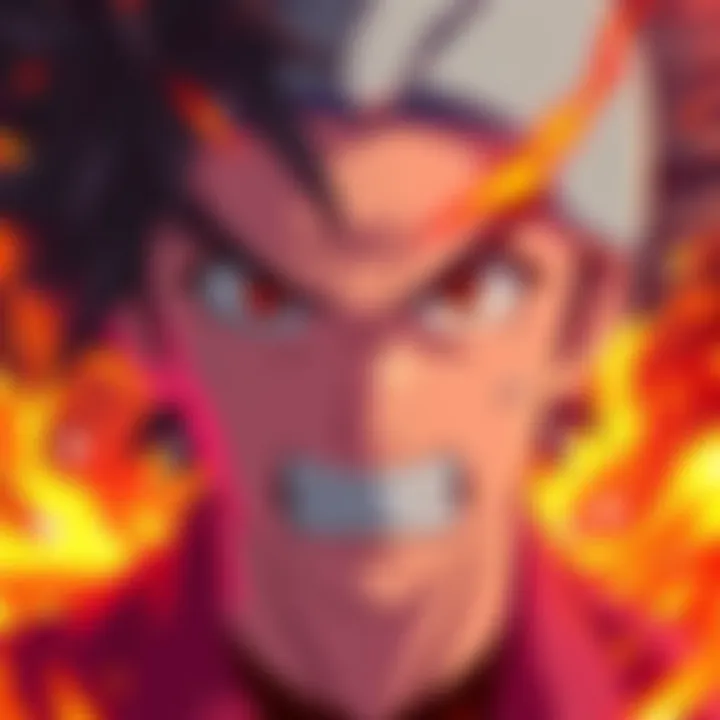 A character with an intense angry expression from a well-known anime film, surrounded by fiery colors