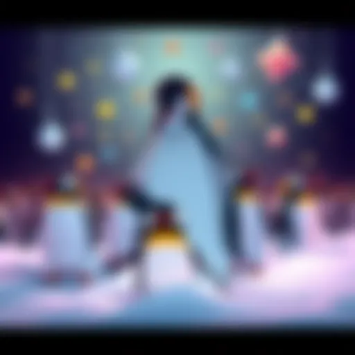 Furuta character standing next to cartoon penguins, surrounded by colorful fan art elements