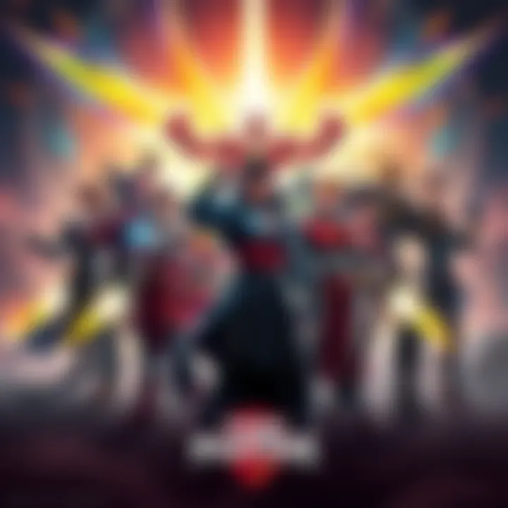 A group of unique characters standing together, showcasing their fusion powers and team dynamics, with a vibrant battle background.