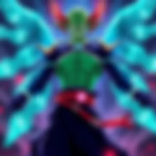 Fused Zamasu stands confidently, showcasing his unique features of green skin and multiple glowing auras, ready for combat in a dramatic setting.