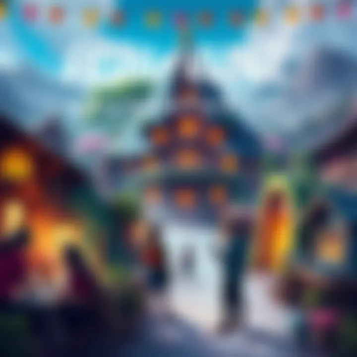 A colorful scene showcasing Fushia Village with players discussing strategies and tips for Level 1 challenges.