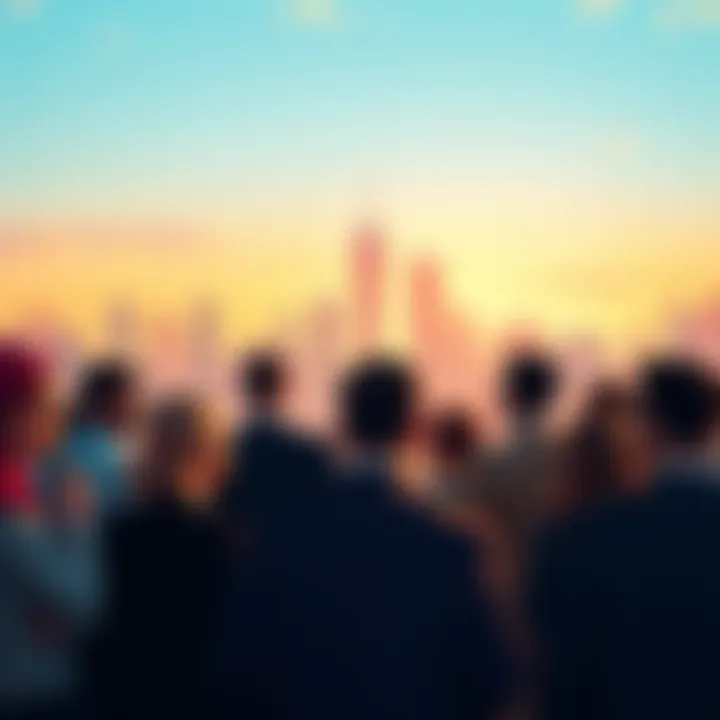A group of diverse people discussing politics with a city skyline in the background, representing future political dynamics in 2025.