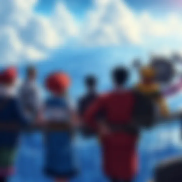 A group of diverse pirates looking out over a vast ocean, imagining new adventures after the end of One Piece.