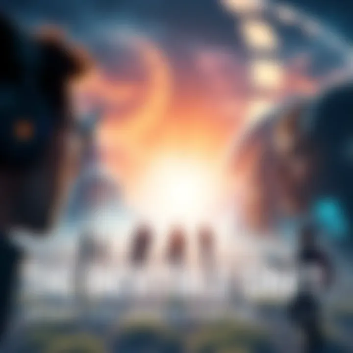 A bright horizon with diverse people engaging in technology and nature, symbolizing transformation in society.