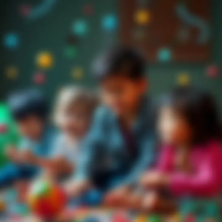 A diverse group of children playing together, showcasing various traits like curiosity and creativity, surrounded by elements representing genetics and environment.
