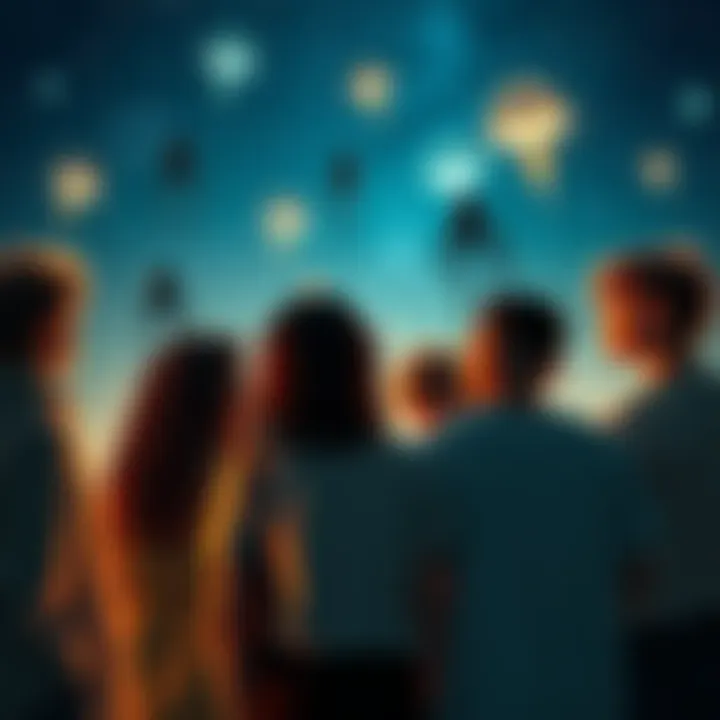 A group of diverse young people standing together, looking up at a starry sky with mysterious glowing objects, symbolizing future challenges like aliens and cursed energy.