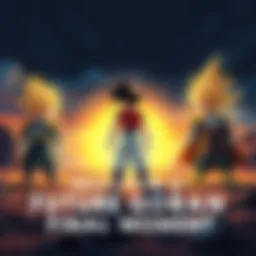 Future Gohan standing in a desolate landscape, looking determined but pained as he confronts two powerful foes, 17 and 18, against a dark sky