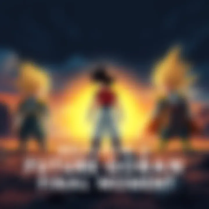 Future Gohan standing in a desolate landscape, looking determined but pained as he confronts two powerful foes, 17 and 18, against a dark sky