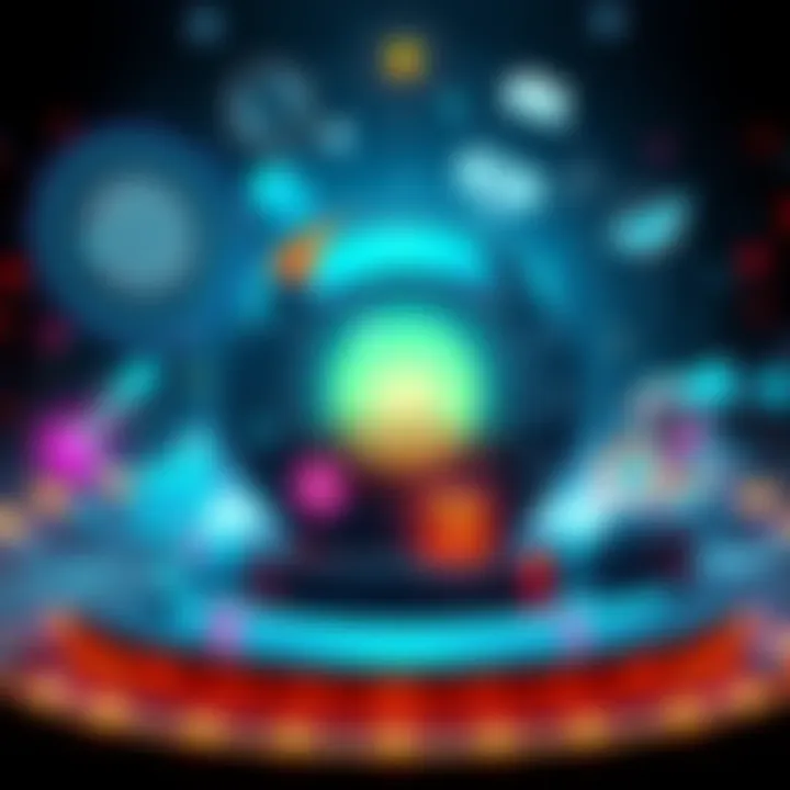 A crystal ball surrounded by symbols of technology and trends, representing predictions for the future.