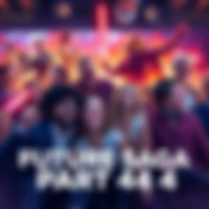 Fans excitedly discussing theories about Future Saga Part 4, with images of characters and dynamic scenes in the background.