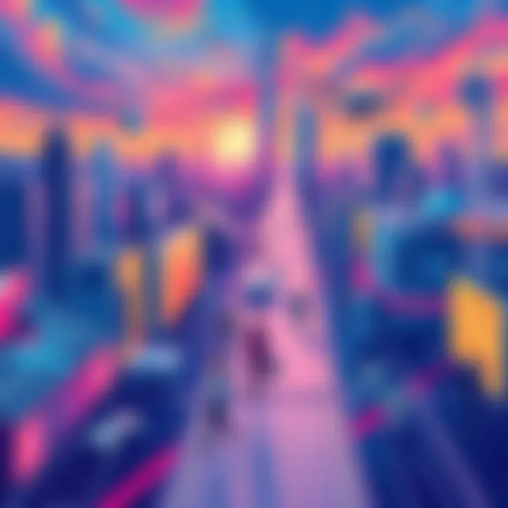 An illustration showing futuristic cityscapes with advanced technology, showcasing drones, solar panels, and diverse people engaging with innovations.