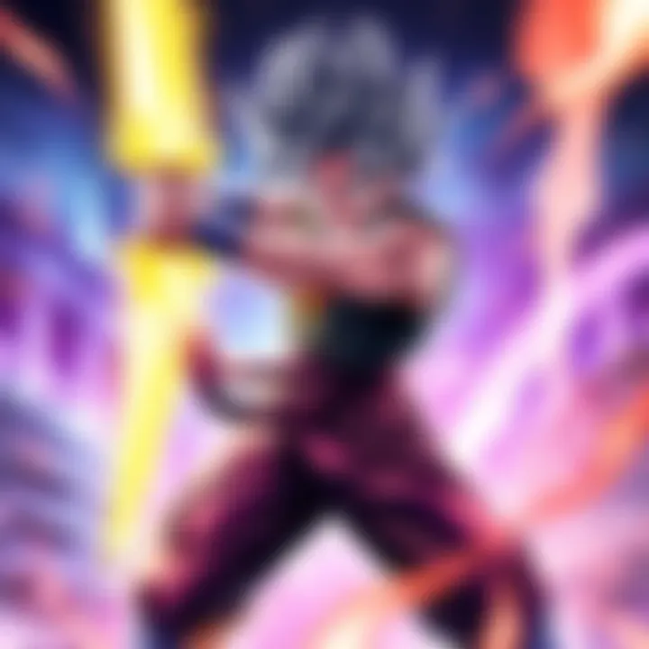 Future Trunks performing a powerful move with a glowing sword in a dynamic battle stance