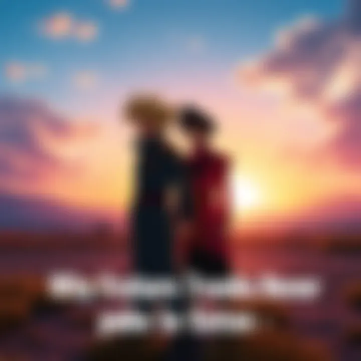 Future Trunks and Goten stand together looking contemplative in a training area, with a sunset in the background.