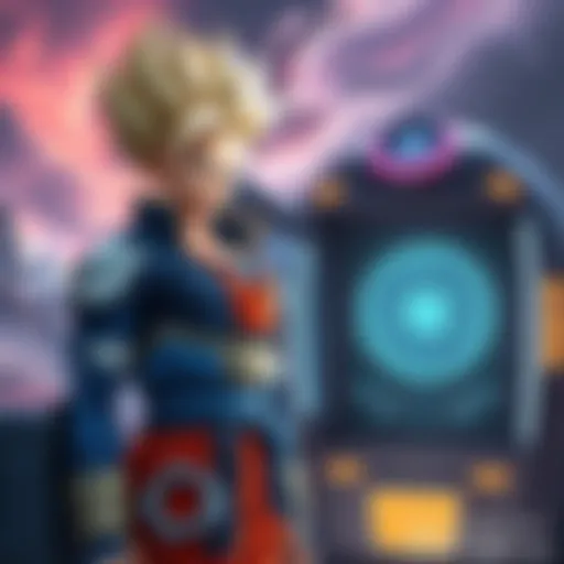 Future Trunks stands beside a futuristic time machine, pondering time travel issues with a serious expression.