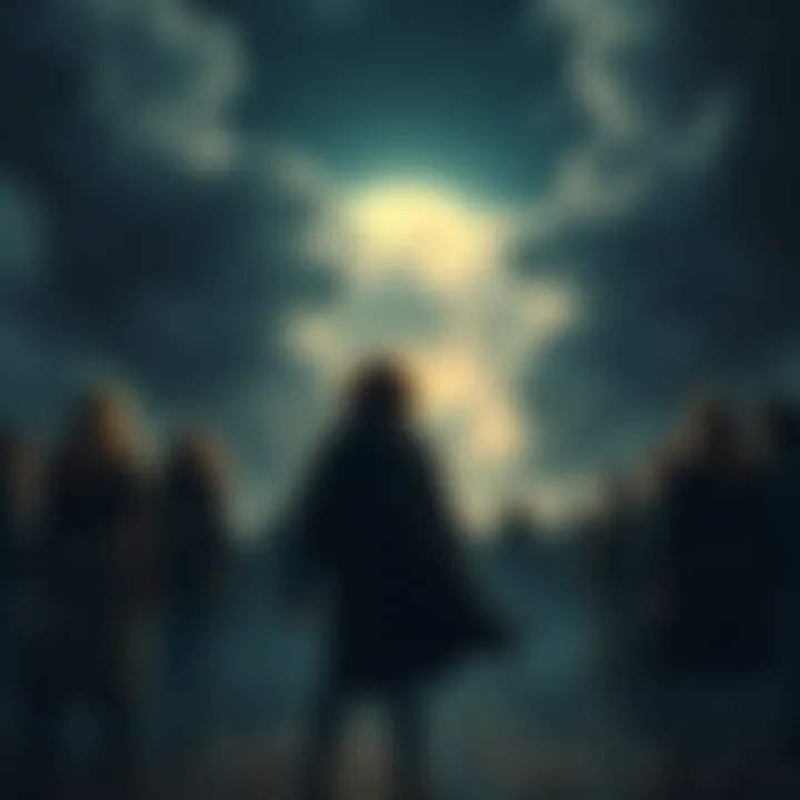 A group of people looking worried as they stand in front of a dark sky, symbolizing the loss of magic and potential futures, with shadows looming over them.