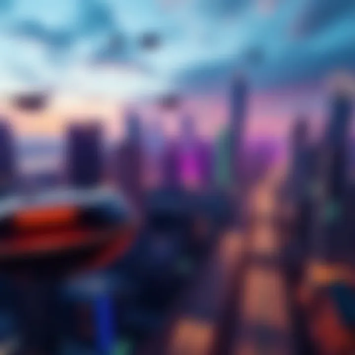 A vibrant and advanced city skyline featuring flying cars and green technology