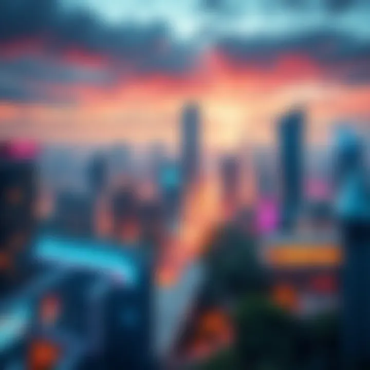 A vibrant city skyline with advanced technology and greenery, representing future advancements in society and technology.