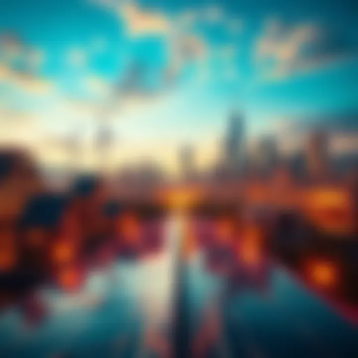 A vibrant city skyline powered by renewable energy sources, featuring solar panels and wind turbines, highlighting innovations in energy technology.