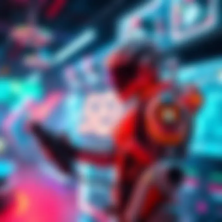 A vibrant gaming scene showing a player in a robotic suit, engaged in an exciting video game environment with high-tech visuals and immersive gameplay elements.