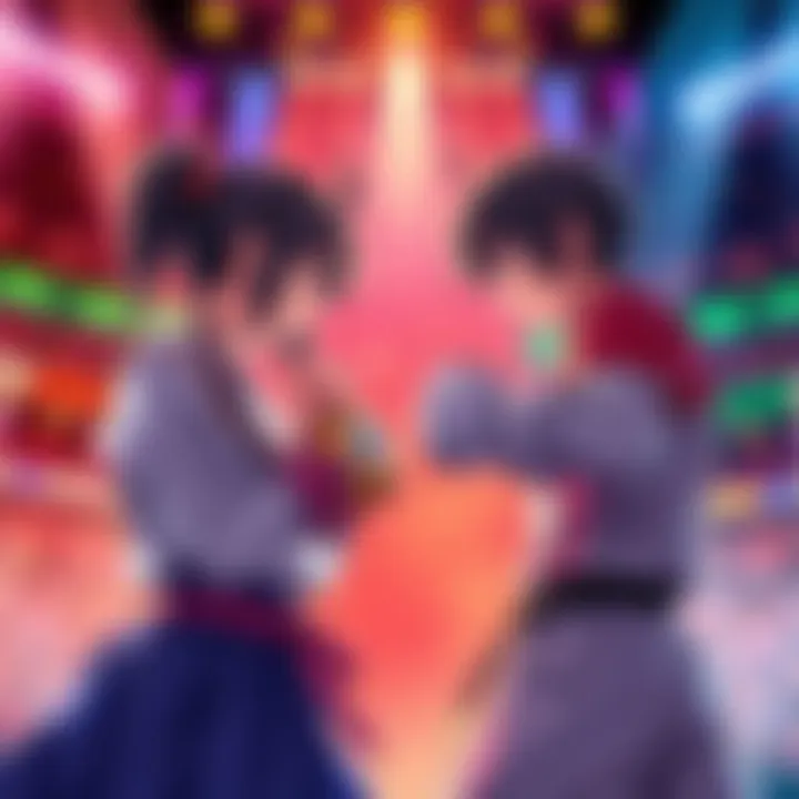 Fuuko Izumo and Rock Lee facing off in a dramatic battle stance, ready to fight in a vibrant arena