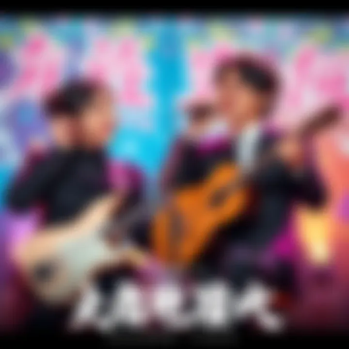 Fuwamoco Duo Fuwamoco performing together with a vibrant background related to the series