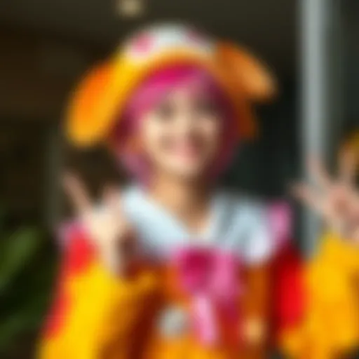 A person dressed in a bright and colorful Fuwawa costume, smiling happily and posing with playful accessories.