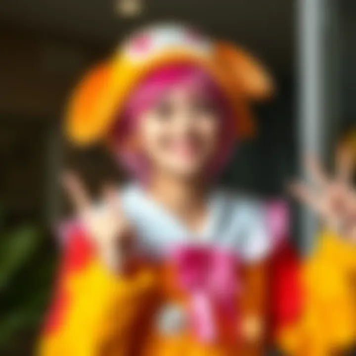 A person dressed in a bright and colorful Fuwawa costume, smiling happily and posing with playful accessories.