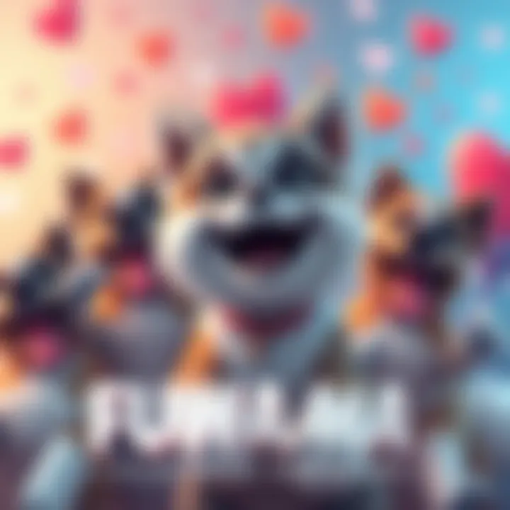 FUWAWA Celebrates Recovery FUWAWA, a cheerful character, surrounded by joyful ruffians celebrating its recovery from surgery, with hearts and paw prints in the background.