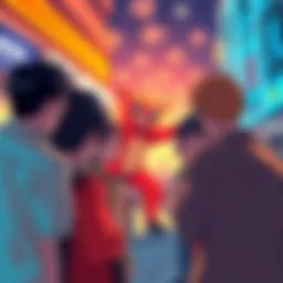 A group of people discussing an image that may show Fuwawa's back, with expressions of curiosity and excitement.