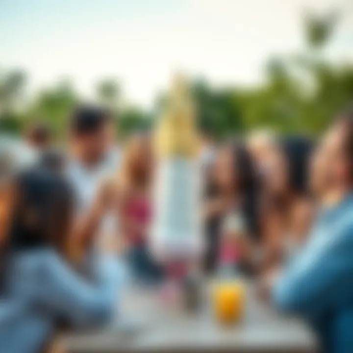 Group of people happily sharing a giant ice cream treat at an outdoor gathering