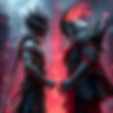 Ga'aoqi and Garm, two villains, stand opposite each other in a dramatic confrontation, showcasing their unique looks and traits.