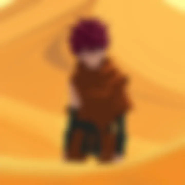 Gaara of the Desert stands in a vast sandy landscape, surrounded by swirling sand. His red hair and unique facial markings contrast with the golden sand, symbolizing strength and resilience.