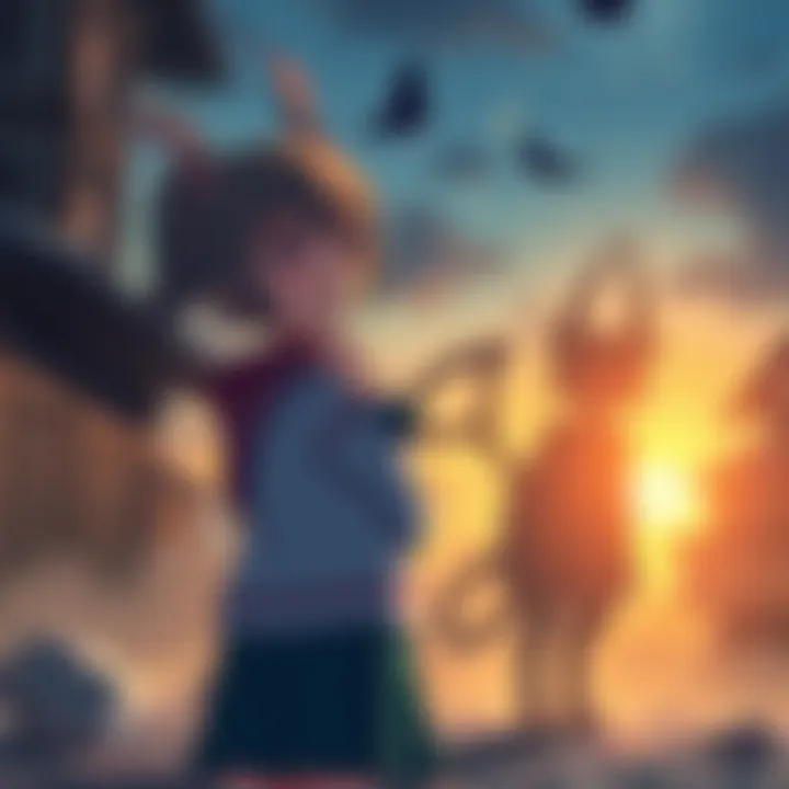 Gabby-chan with her unseen daemon partner Gabby-chan stands thoughtfully, gazing into the distance with a shadowy silhouette of her hidden daemon beside her.