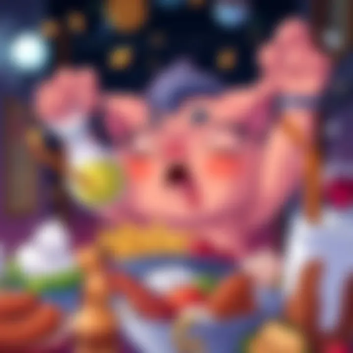 A cartoon-style Gachi character surrounded by various foods and drinks, showcasing excessive indulgence and gluttony