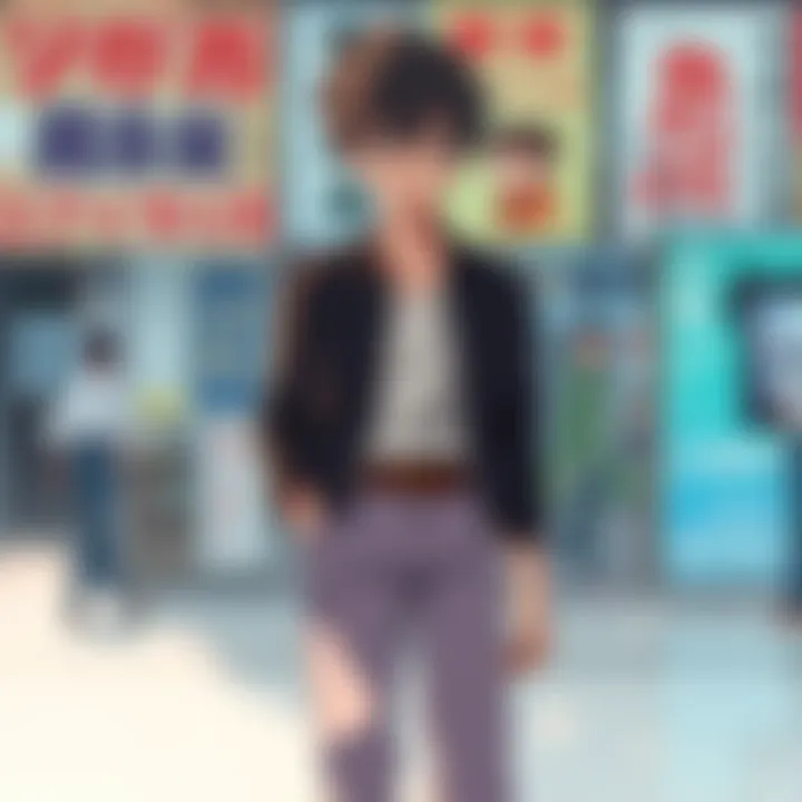 A character from Gachiakuta, dressed uniquely and expressing a thoughtful demeanor, stands against a backdrop of popular anime like Solo Leveling and Jujutsu Kaisen, highlighting the contrast in storytelling.